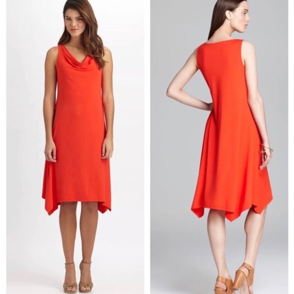EILEEN FISHER Firefly Orange Red Cowl Neck Asymmetric Jersey Stretch Dress SZ M